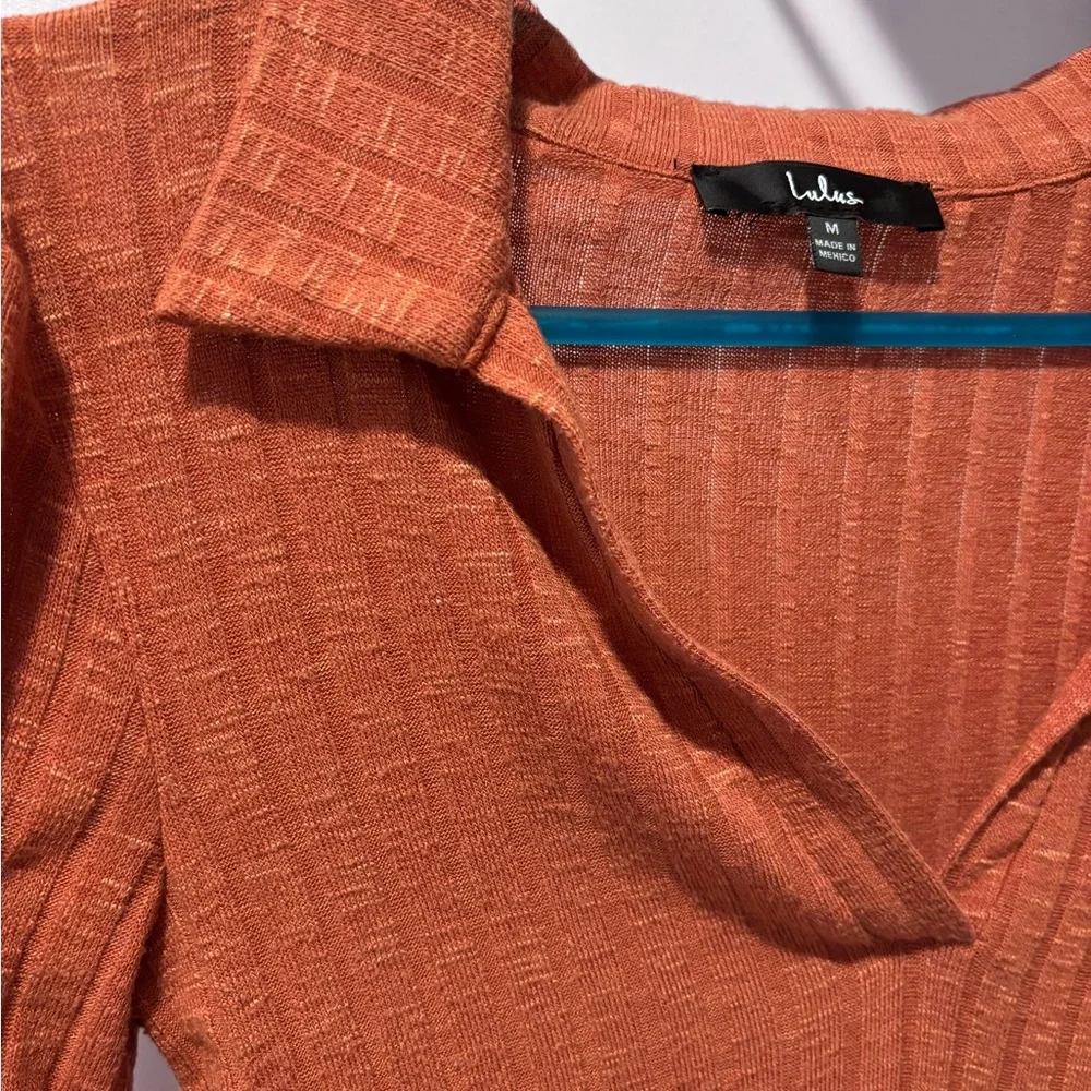 Lulu's Rust Ribbed Collared Long-Sleeve Bodysuit - Picture 2 of 3